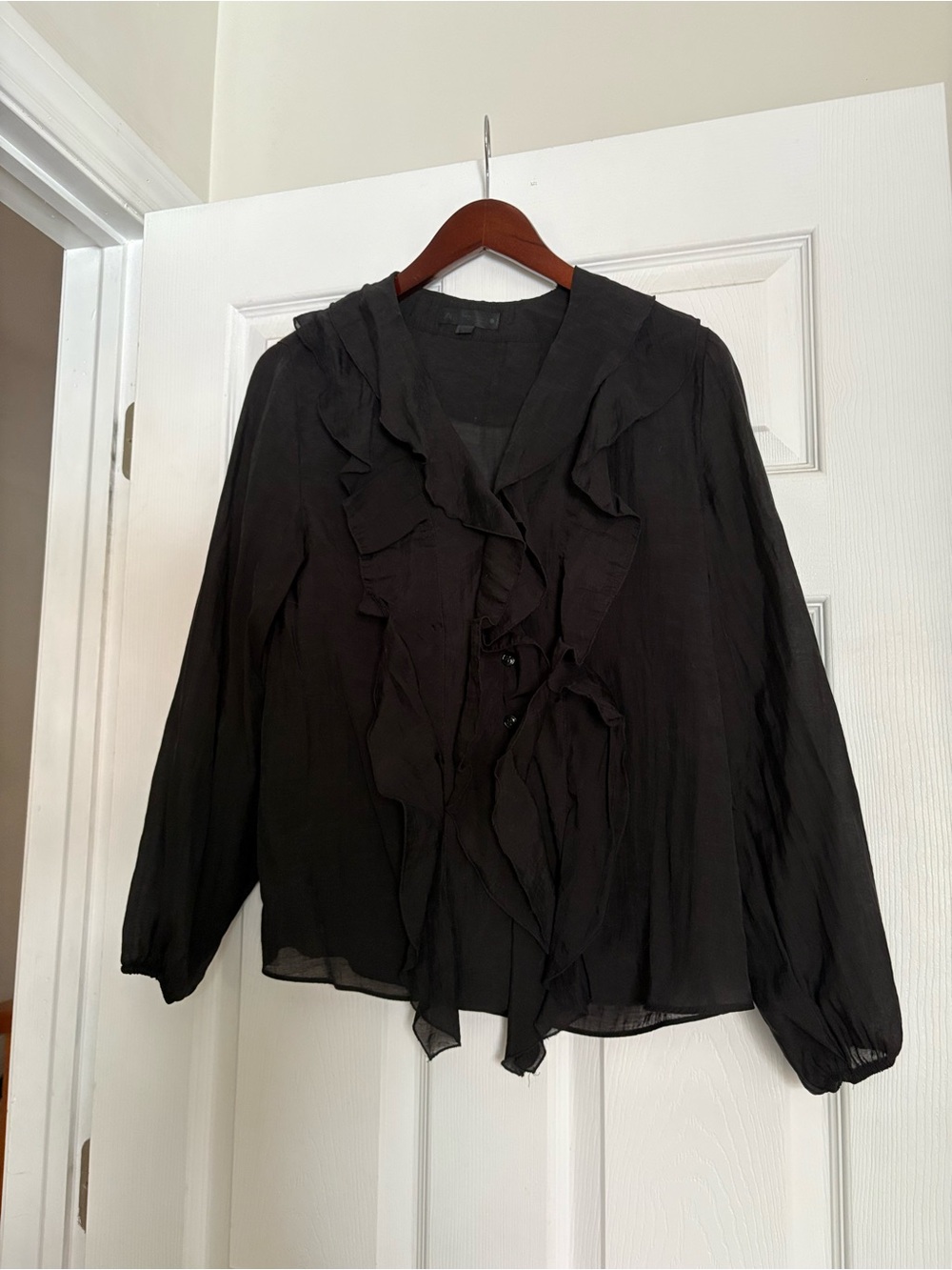 Zara Black Ruffle-Front Long Sleeve Blouse
